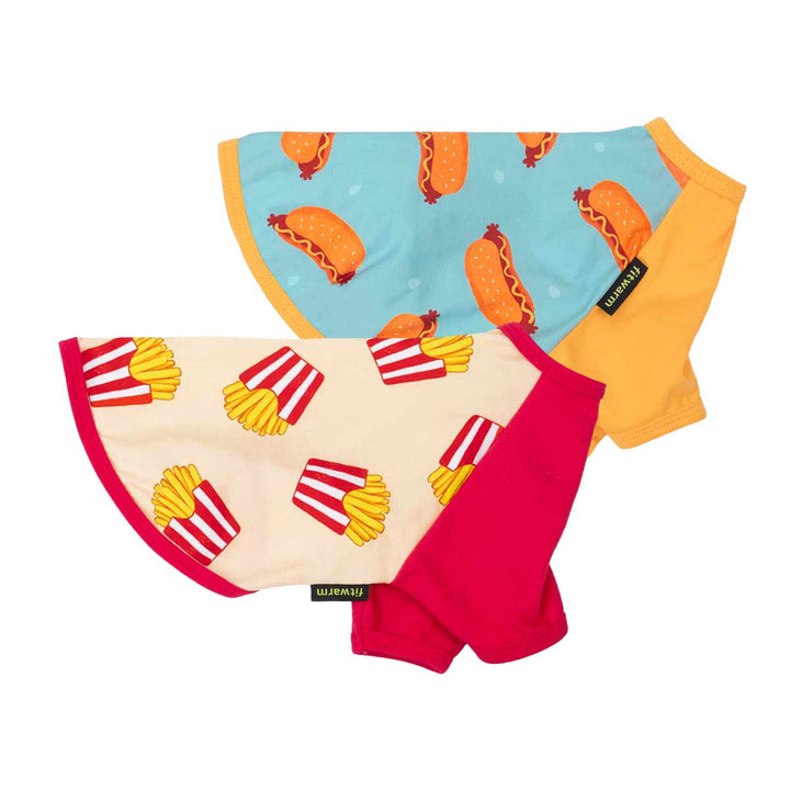 2 pack dog tshirts with hot dog and french fry patterns on a white background