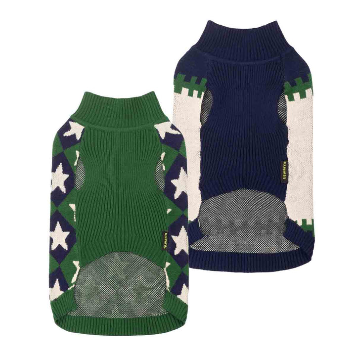 Two knitted dog sweaters shown on a plain white background, one green with navy star-patterned side panels and one navy with cream side panels and green star-patterned side panels