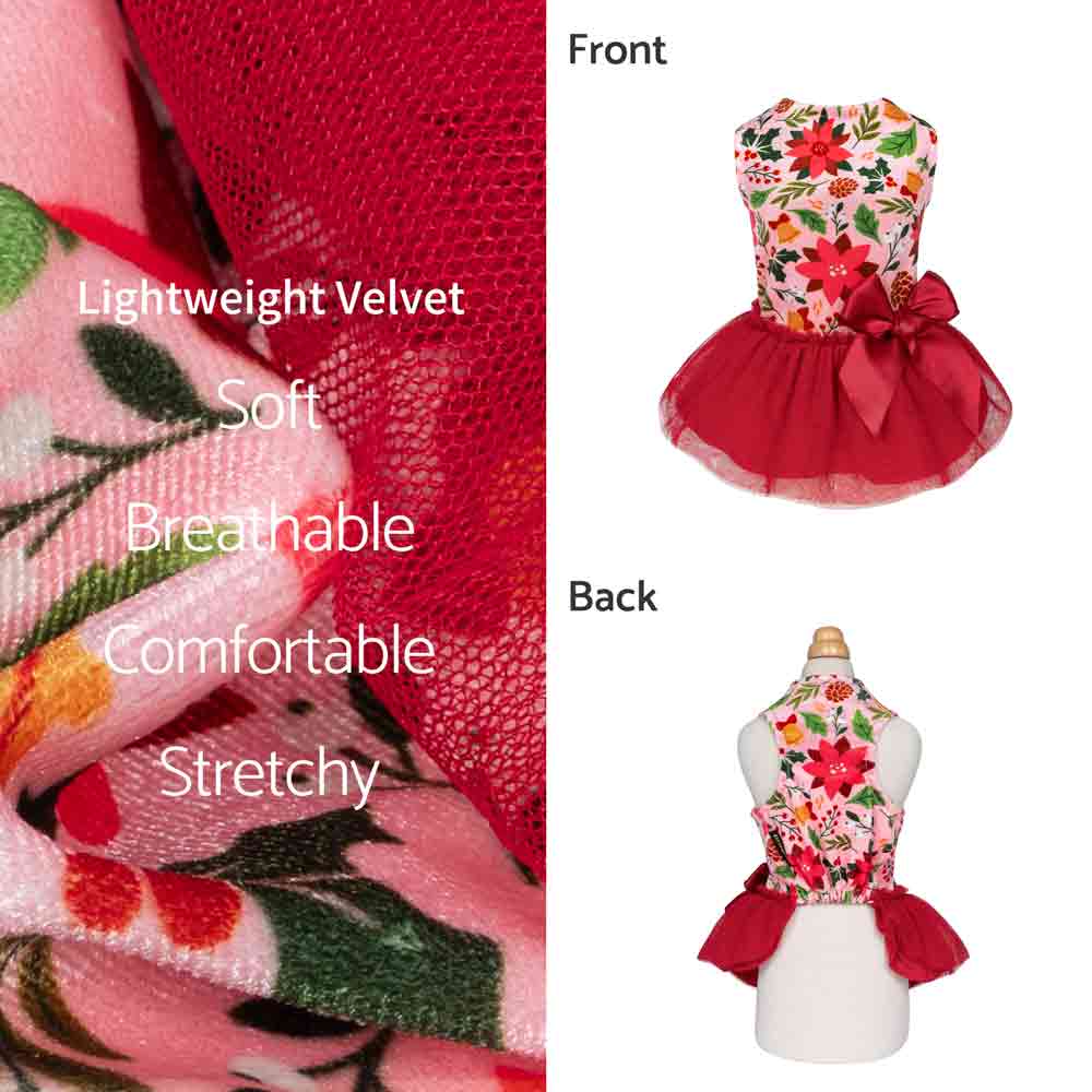 Lightweight velvet dog dress featuring poinsettia prints, red tulle skirt, and satin bow shown in front and back views.