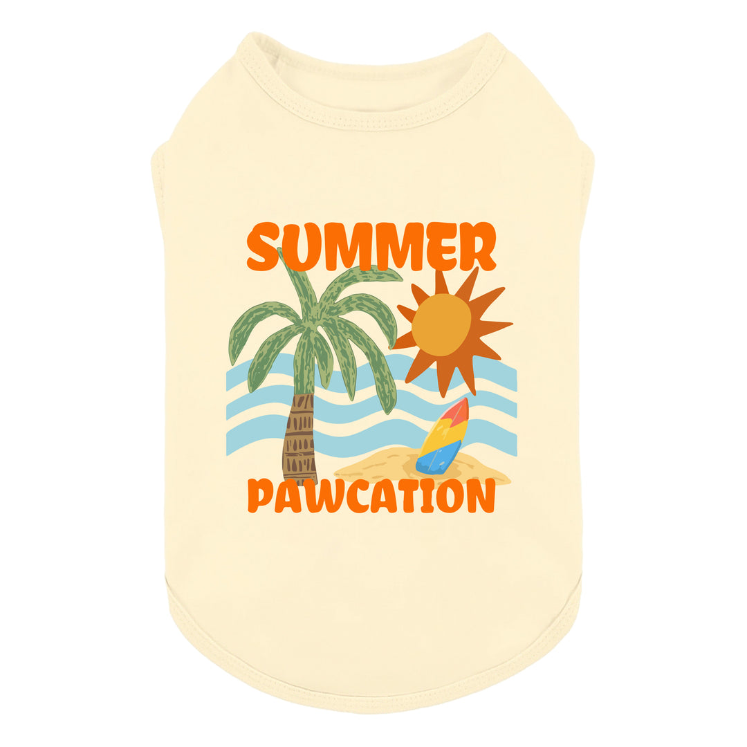 Beige dog tank top with 'summer pawcation' lettering and tropical prints