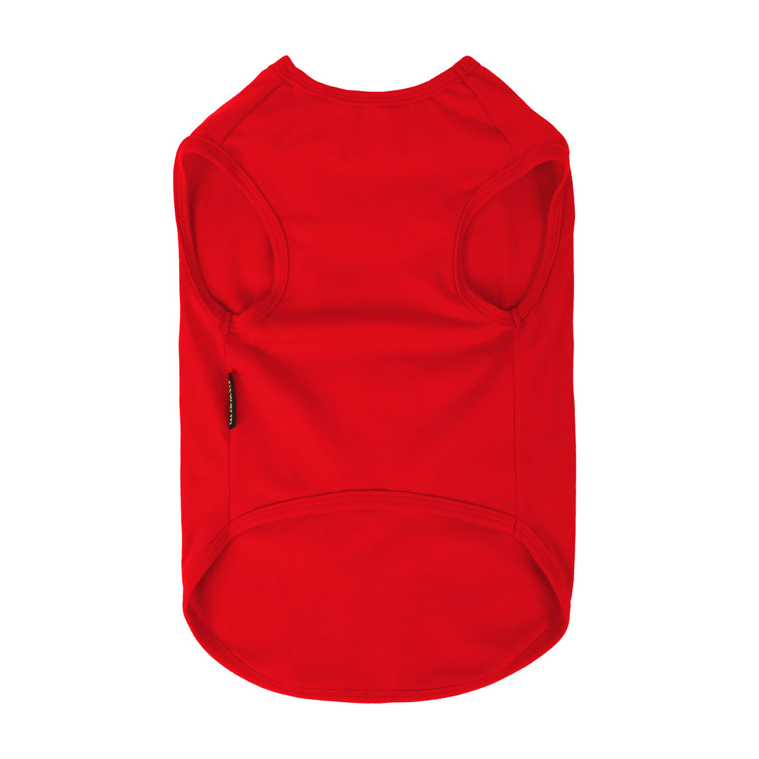 Plain red dog shirt back view with sleeveless pullover design for comfortable wear.
