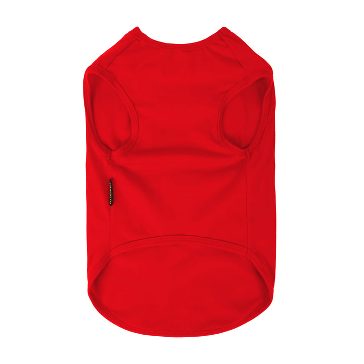 Plain red dog shirt back view with sleeveless pullover design for comfortable wear.