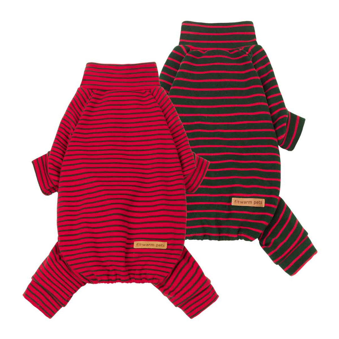 Two striped dog pjs with horizontal stripes, one red and black and one green and black, displayed on a solid white background