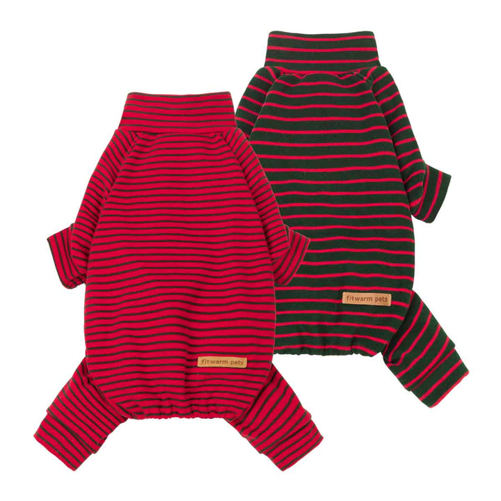 Two striped dog pjs with horizontal stripes, one red and black and one green and black, displayed on a solid white background