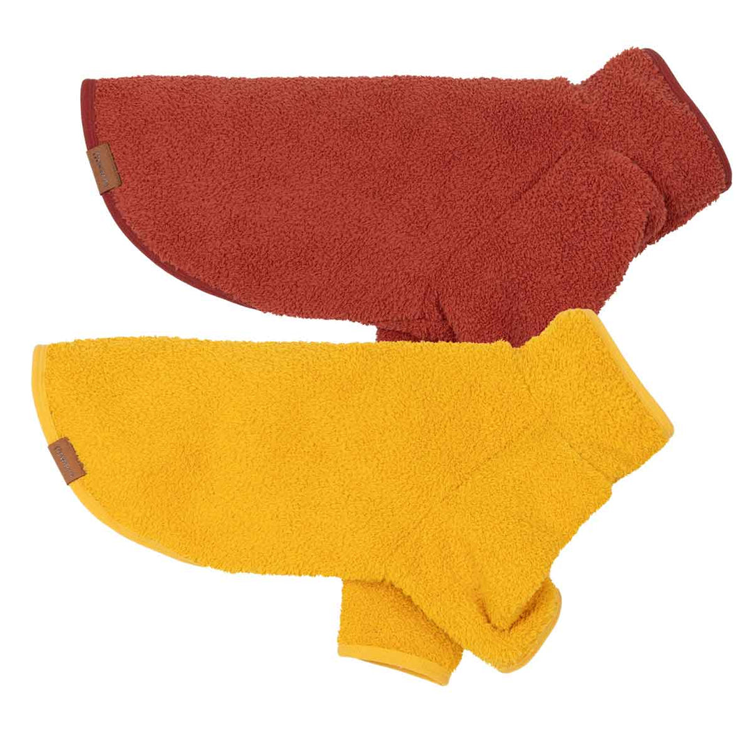 Two plush fleece pet blankets, one in rust red and one in mustard yellow, displayed on a clean white background