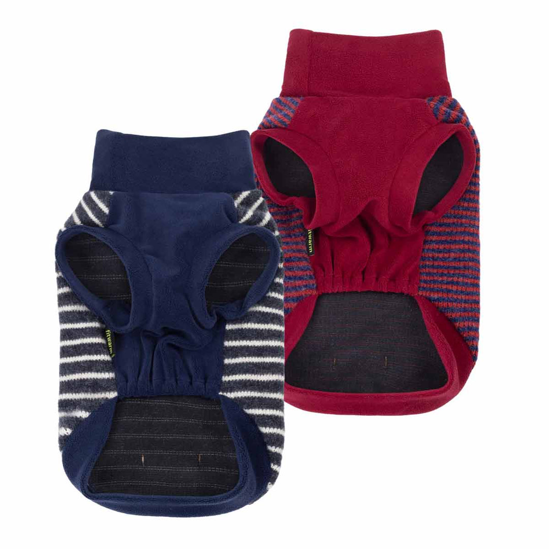 Two pack dog fleece sweater shown on a white background, one in navy blue with white stripes and one in dark red with blue stripes