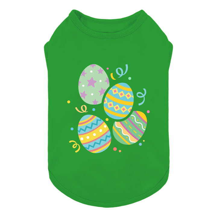 Green dog shirt with colorful Easter egg prints, sleeveless design for spring dogs.