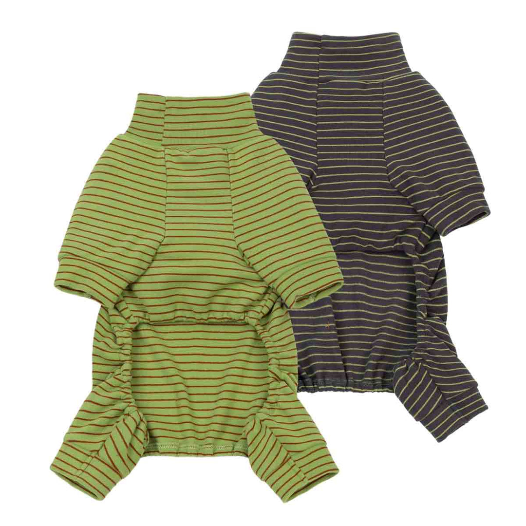 Two four-leg dog onesies with ribbed cuffs and hem, shown on a plain white background. One is olive green with thin dark stripes, and the other is dark gray with thin light stripes