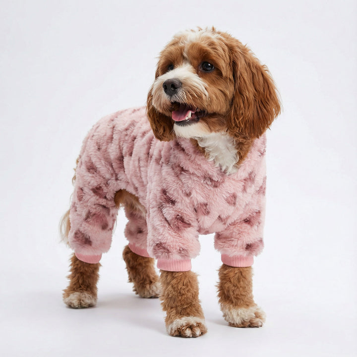 Cute dog wearing a fuzzy winter dog fleece pajamas