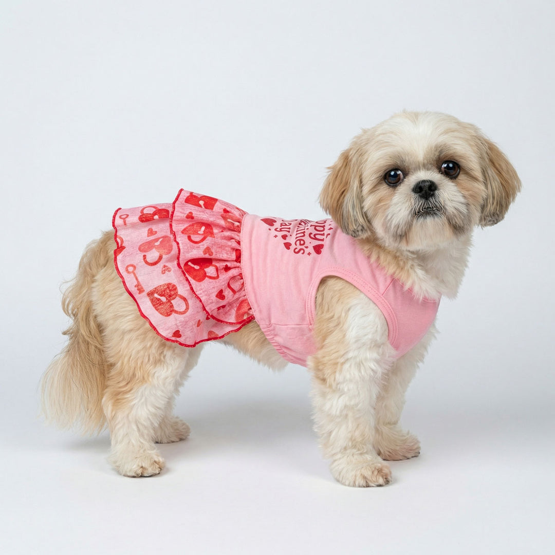 Small dog wearing a pink tiered ruffle Valentine dress for dogs with heart patterns on a white background