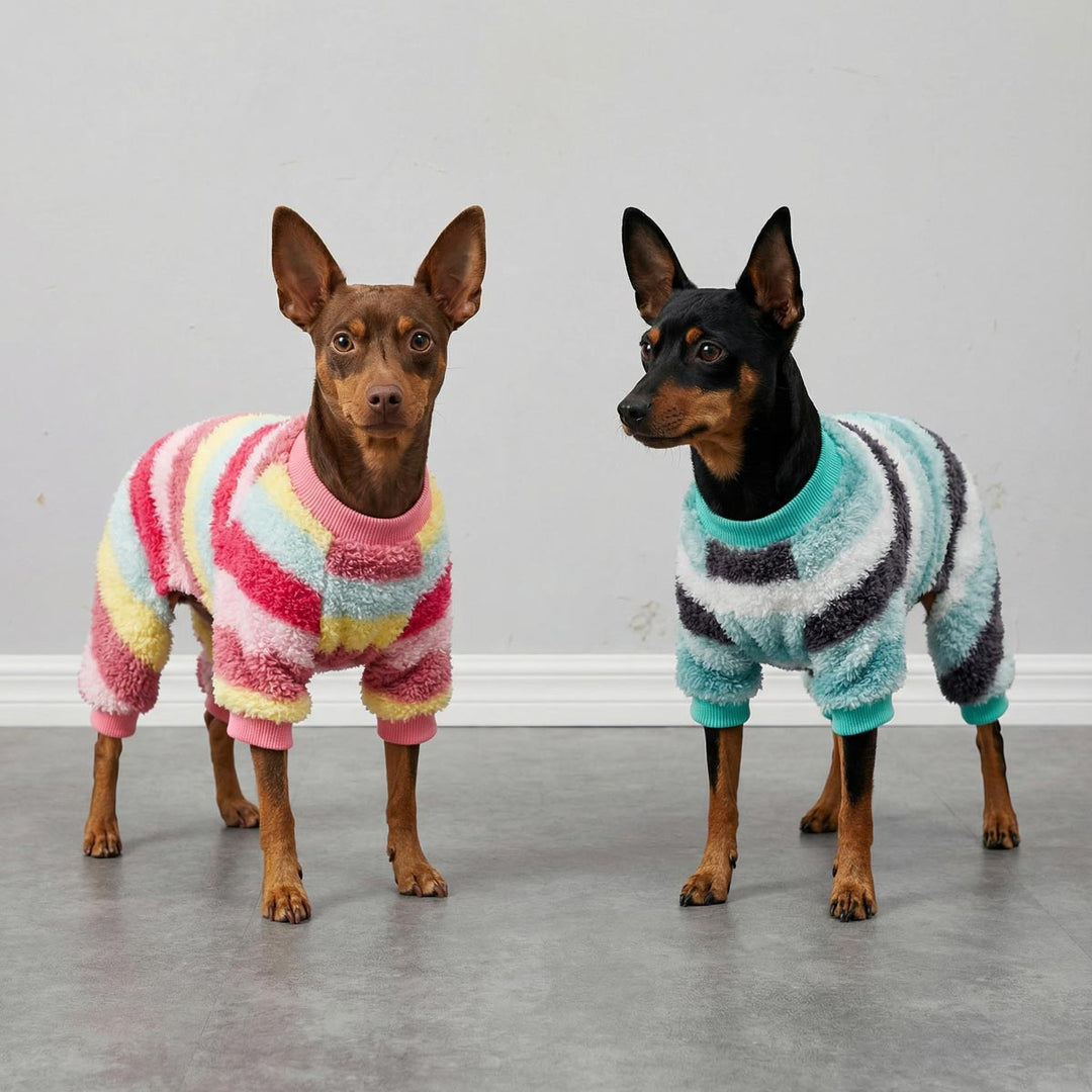 Two dogs wearing colorful dog striped pjs standing on a gray floor against a white wall.