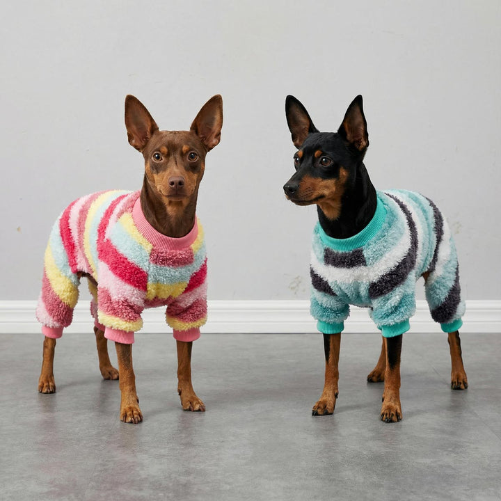 Two dogs wearing colorful dog striped pjs standing on a gray floor against a white wall.