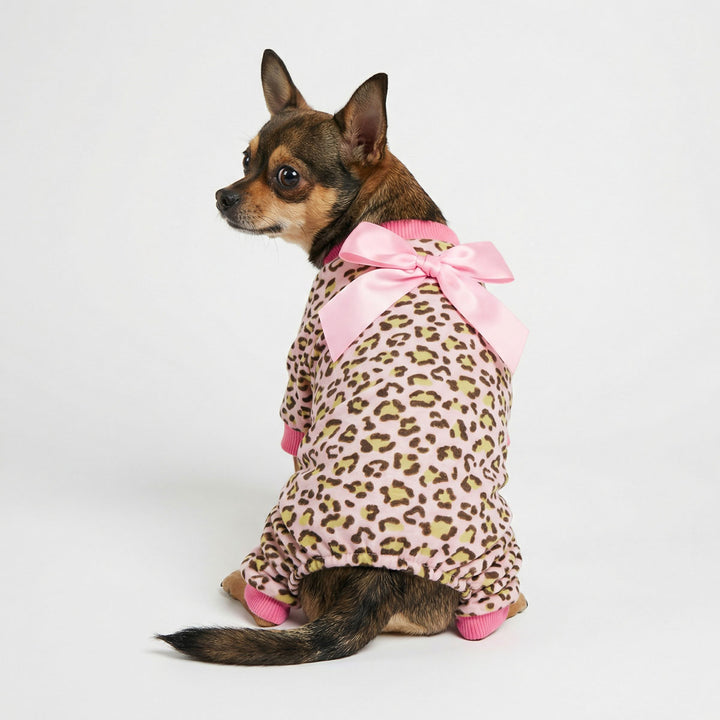 Leopard dog pjs with pink bow design shown on small Chihuahua