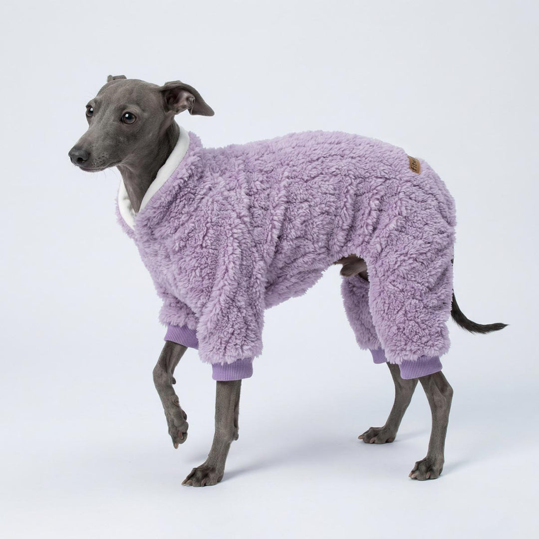 Side view of dog wearing fleece dog pjs with collared neck style