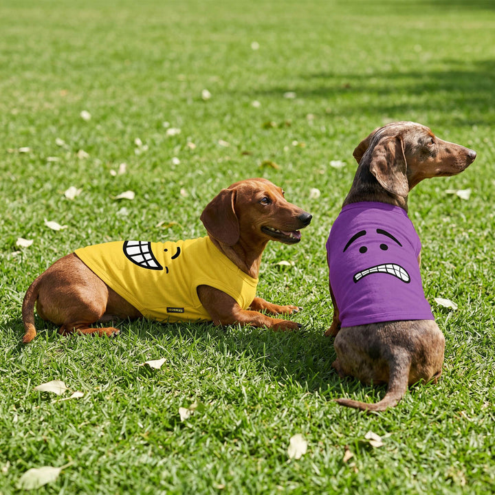 Dachshunds standing on the grass with a funny expression themed dog tank tops