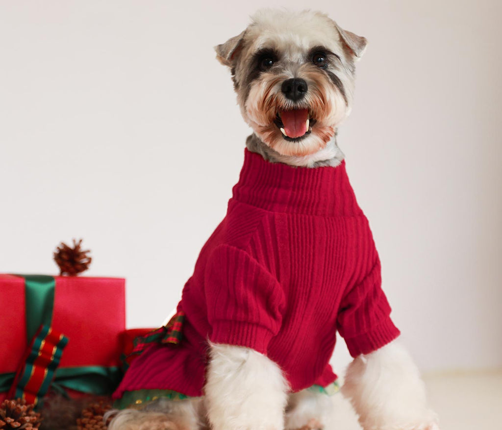 Turtleneck Knitted Tulle Schnauzer Christmas Dress - Fitwarm