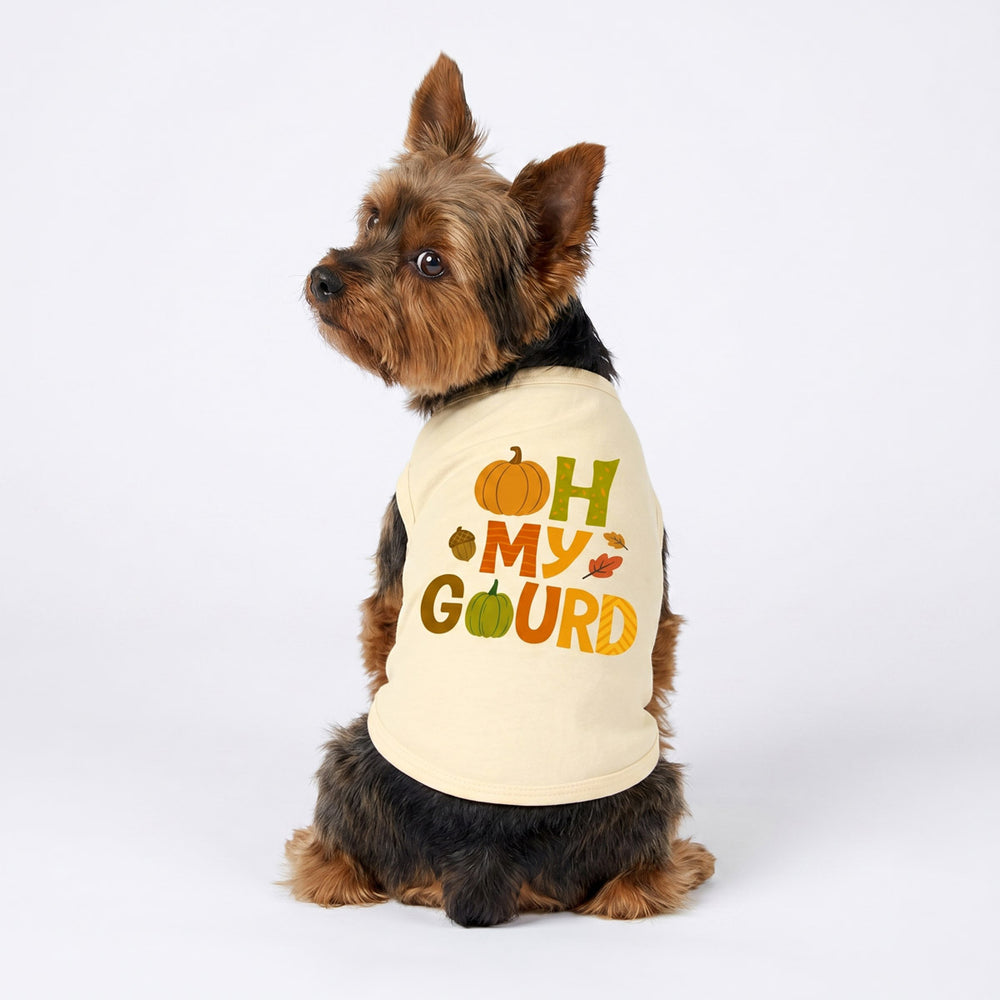Back view of Yorkie wearing a Thanksgiving dog tank top with funny ' Oh my gourd' lettering
