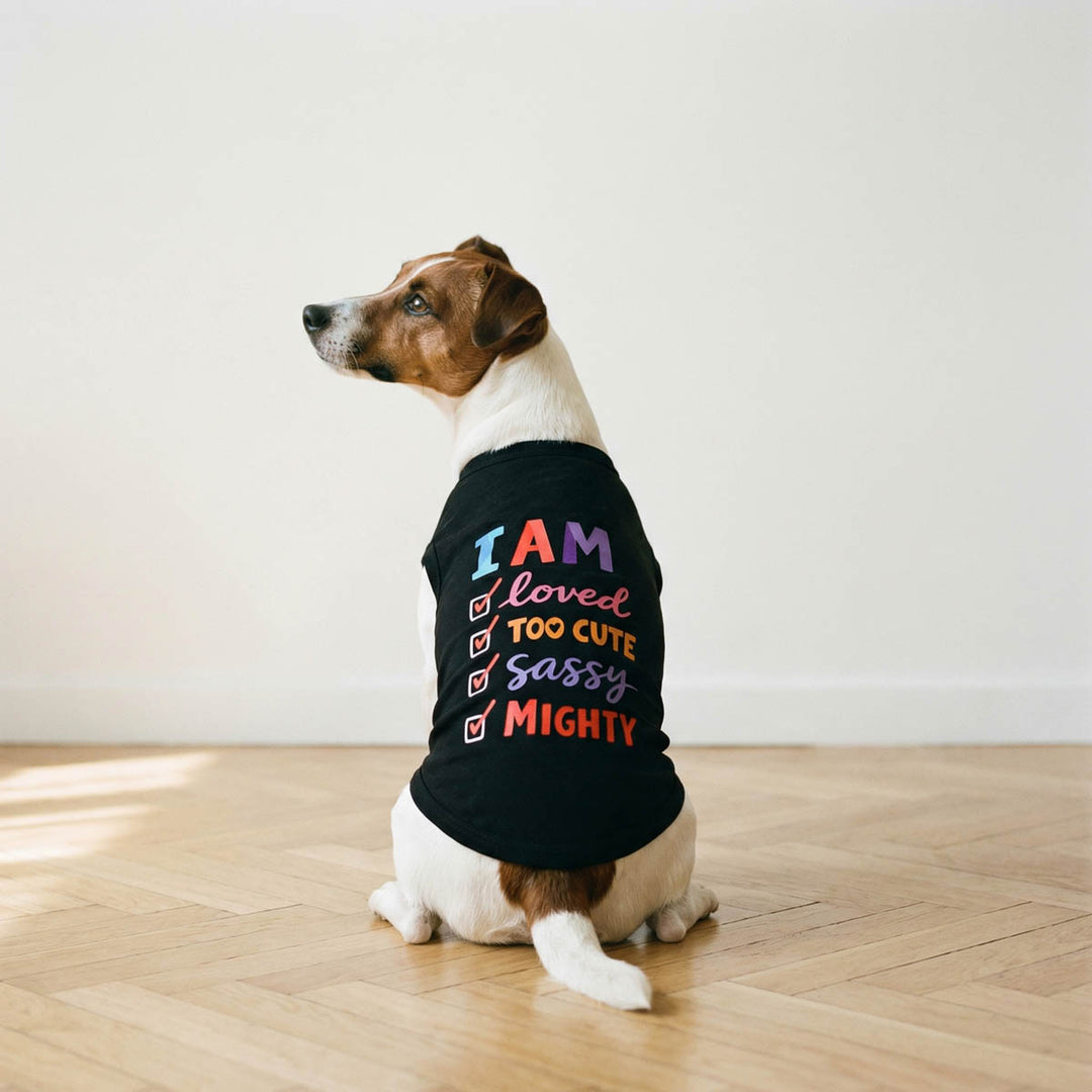 Dog sitting on a floor with a I am checklist dog summer tshirt