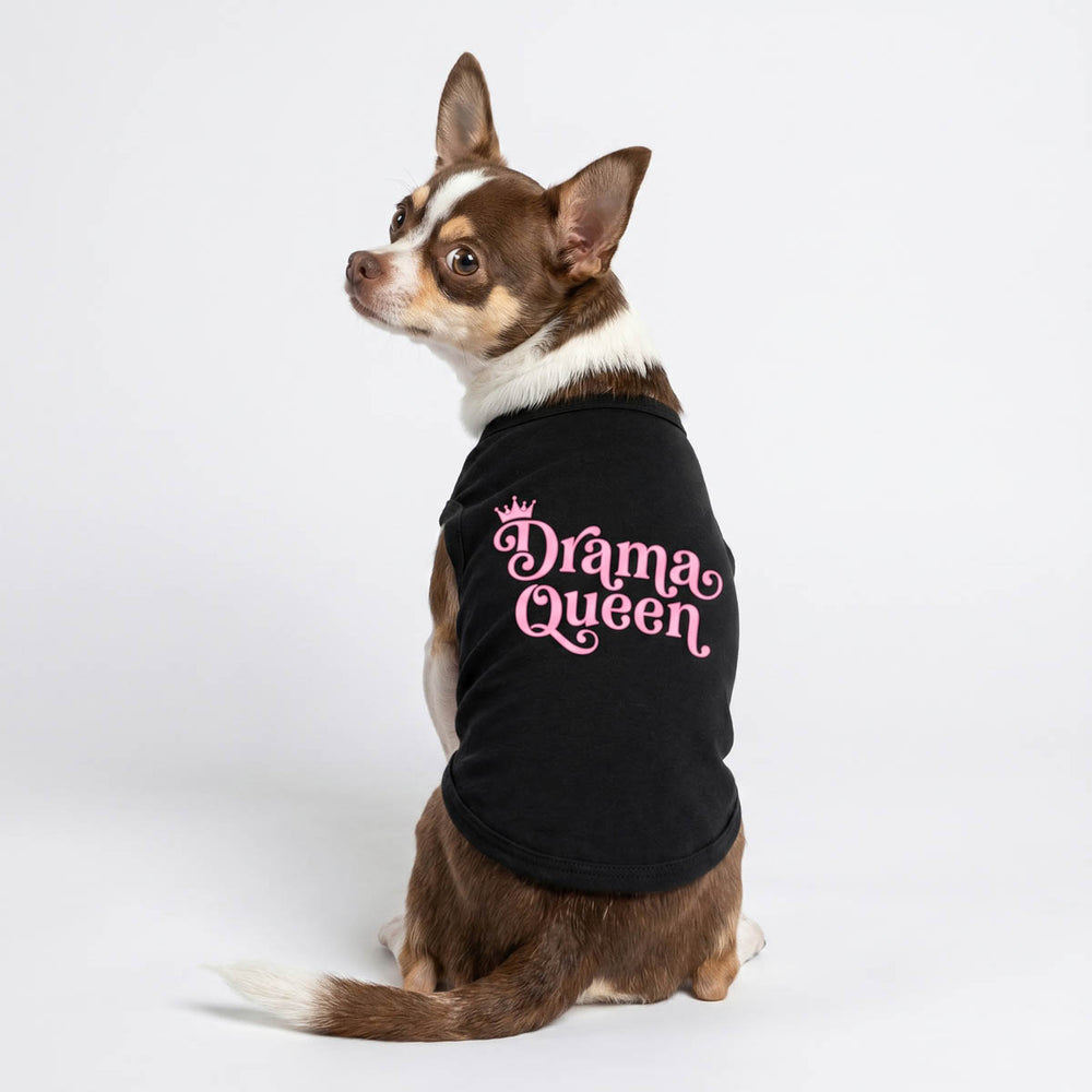 Back view of Chihuahua wearing a drama queen dog tank top