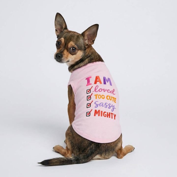 Chihuahua wearing a pink dog tank top with Funny checklist print