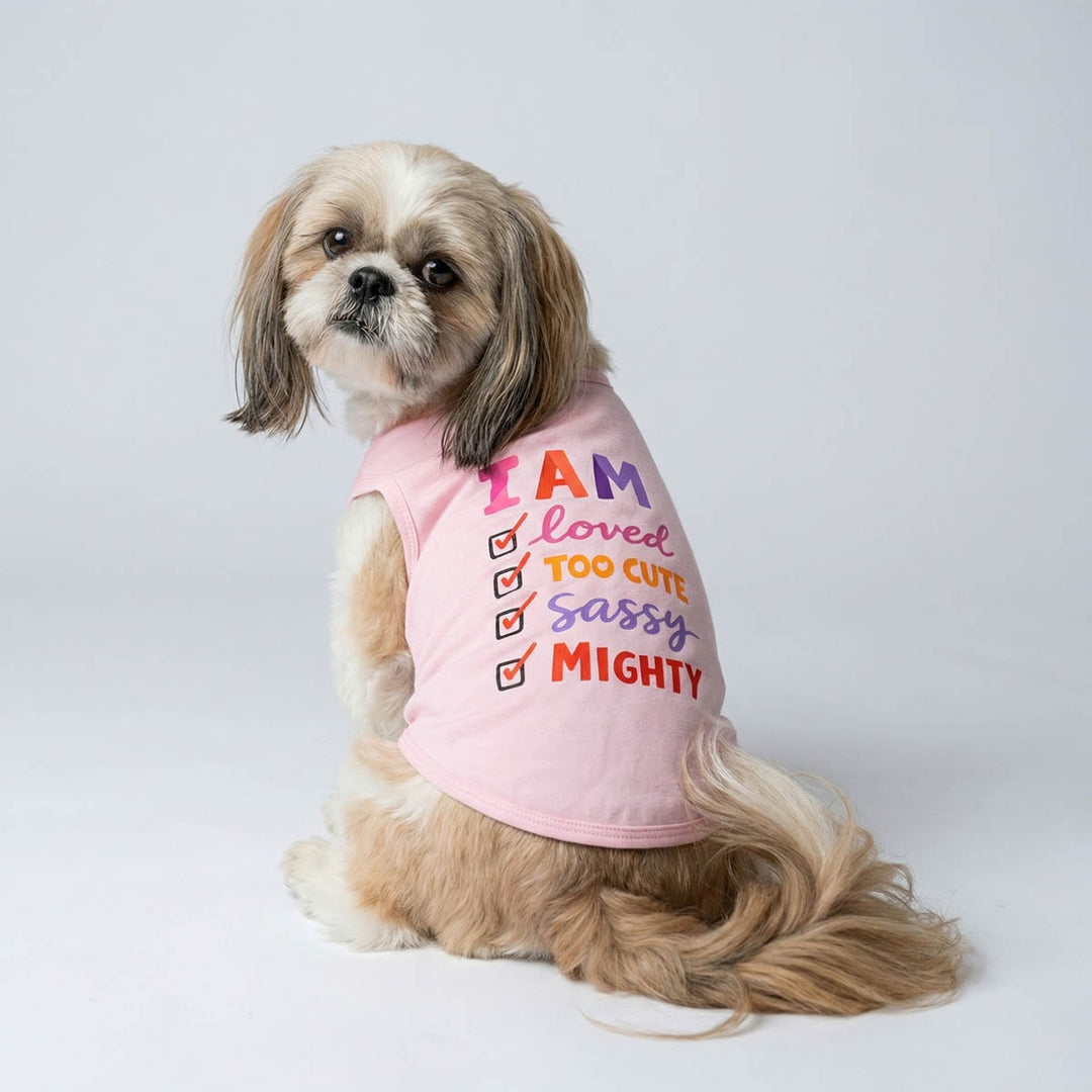 Small dog in a pink sleeveless shirt for dogs with I am checklist