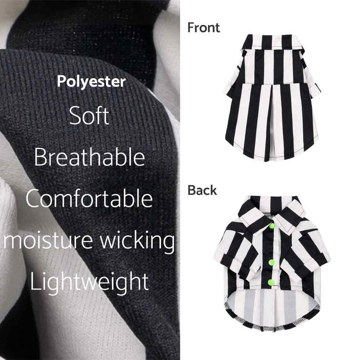 Dog shirt material and full views, highlighting soft breathable fabric.