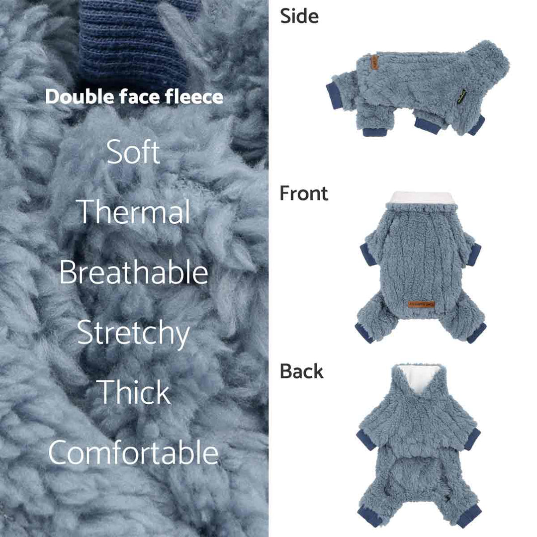 Blue fleece dog pajamas with text describing features and multiple views .
