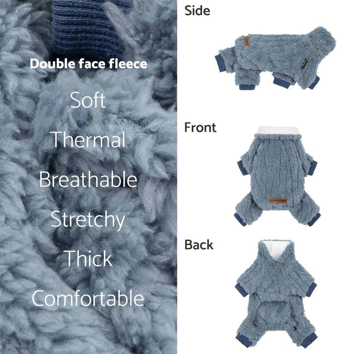 Blue fleece dog pajamas with text describing features and multiple views .