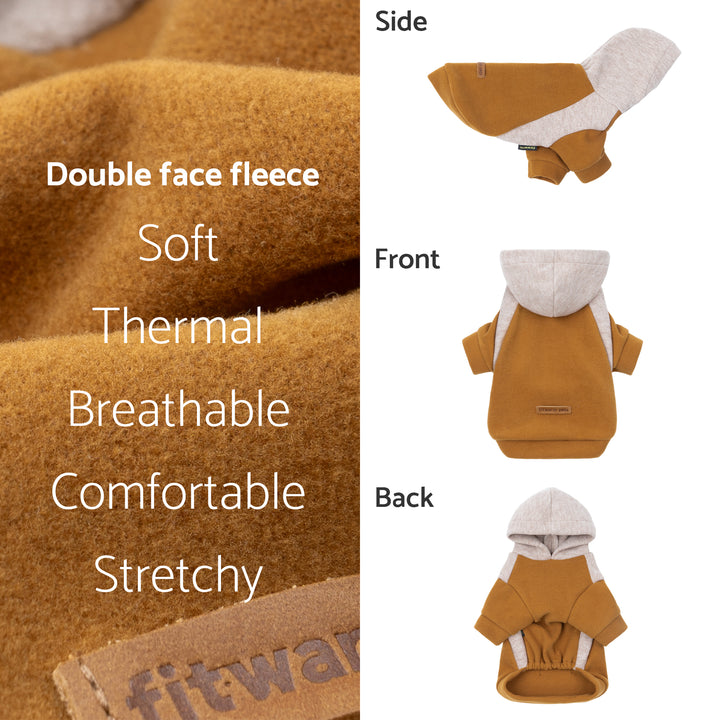 Dog hoodie in camel fleece shown from side front and back angles.