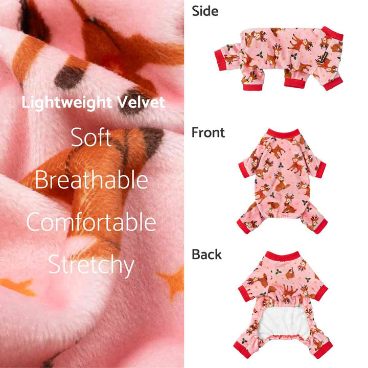Christmas dog pajamas in lightweight velvet with reindeer print, shown in side, front, and back views.