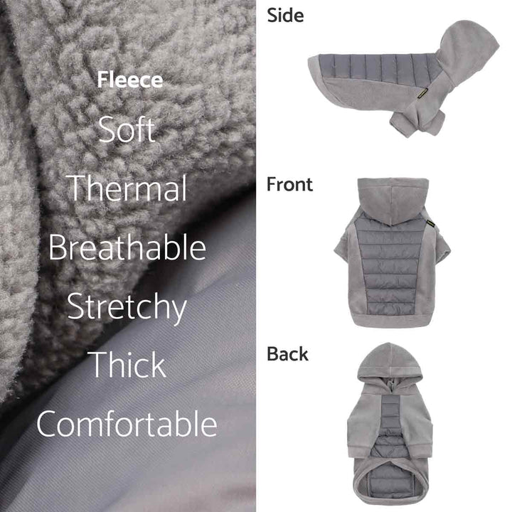 Dog hoodie in gray fleece fabric with side, front and back views