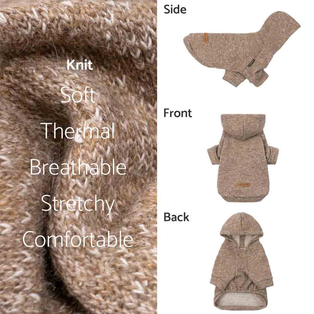 Speckled beige heathered knit dog hoodie, side, front, and back views highlighting material texture.