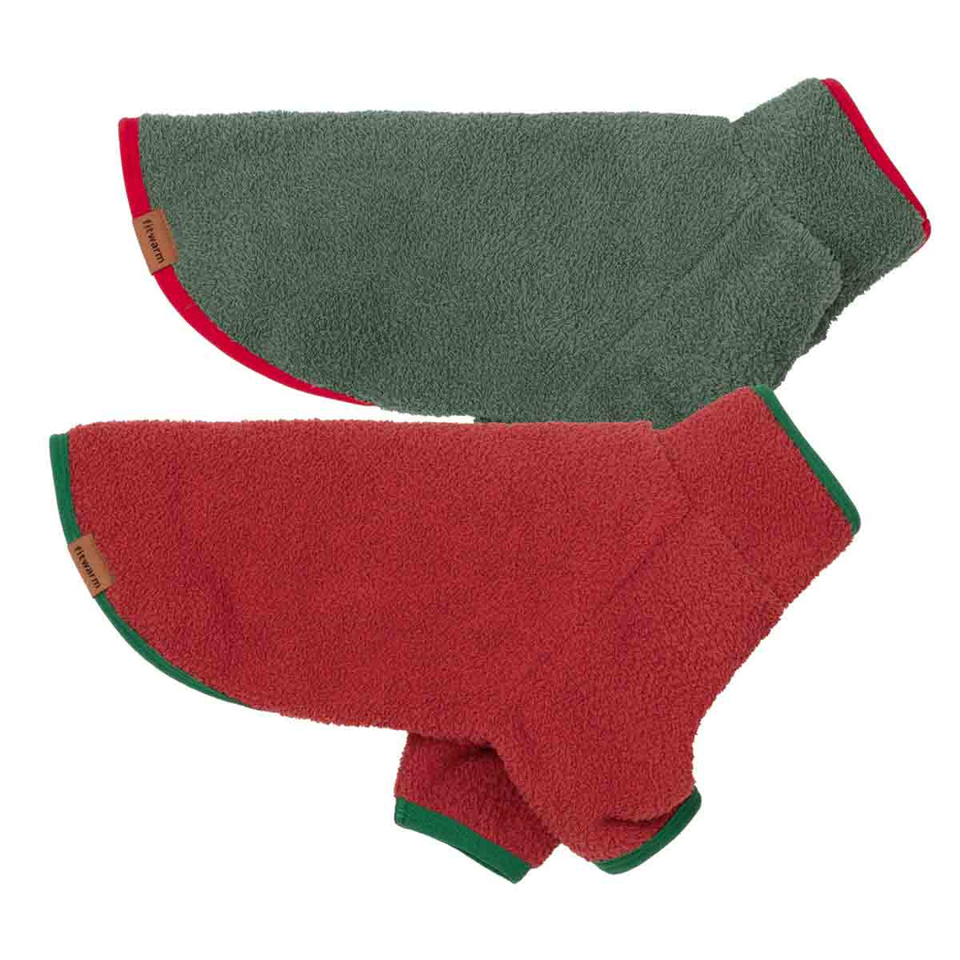 Two fuzzy dog hoodies, one in sage green with red trim and one in red with green trim, displayed on a clean white background