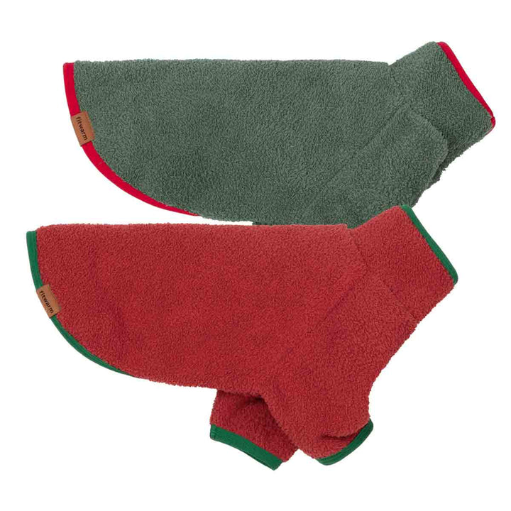 Two fuzzy dog hoodies, one in sage green with red trim and one in red with green trim, displayed on a clean white background