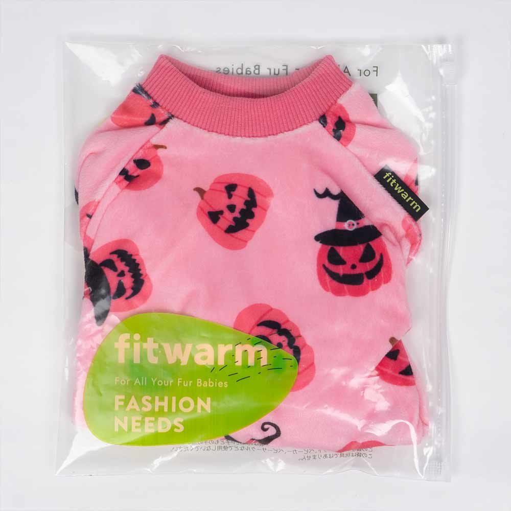 Packaged pink dog pajamas, featuring festive Halloween pumpkins and witch hats. Soft polyester-spandex for cozy pet wear.