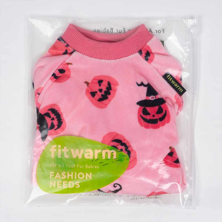 Packaged pink dog pajamas, featuring festive Halloween pumpkins and witch hats. Soft polyester-spandex for cozy pet wear.