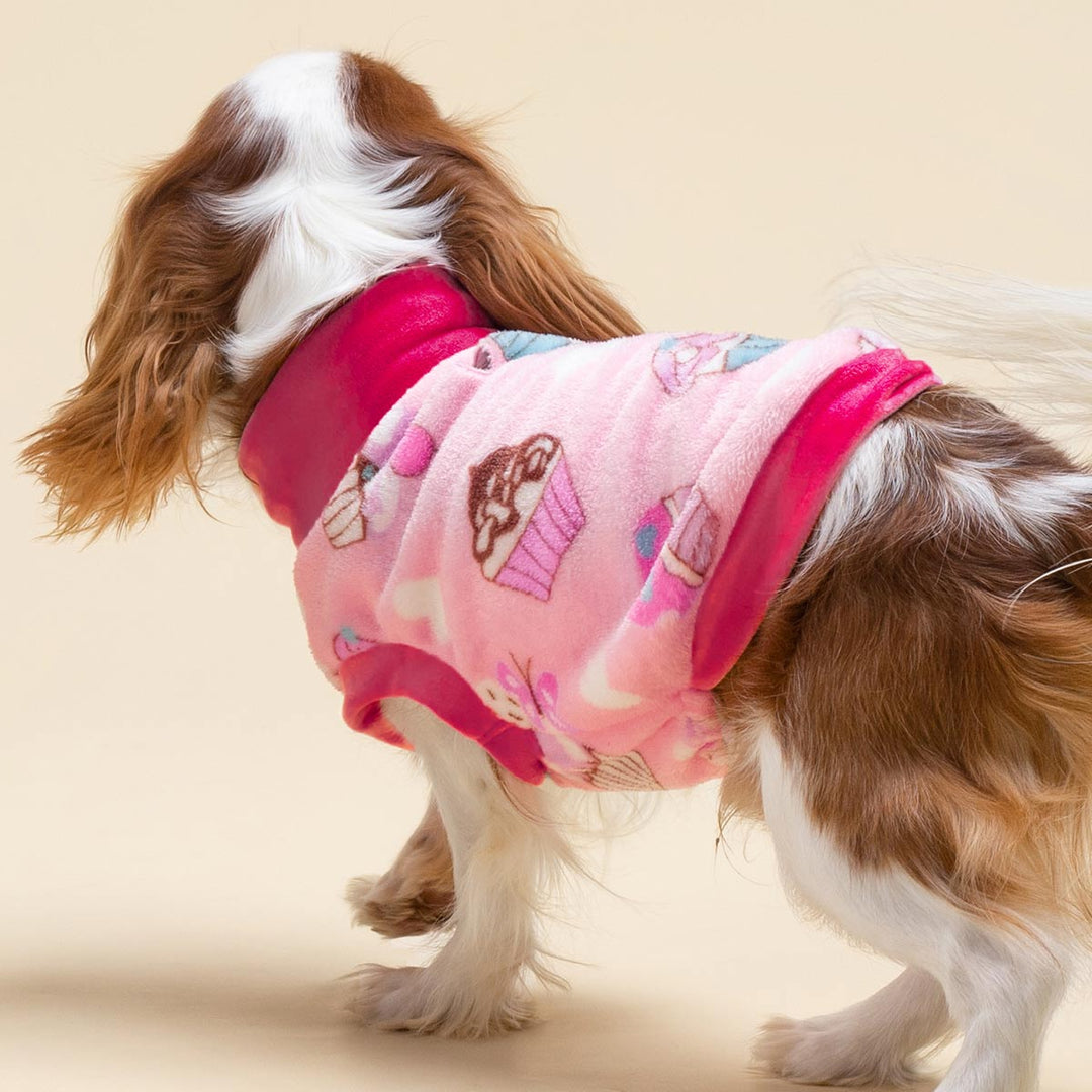 Small dog wearing pink fleece sweater with cupcake pattern and magenta collar, for product showcase.