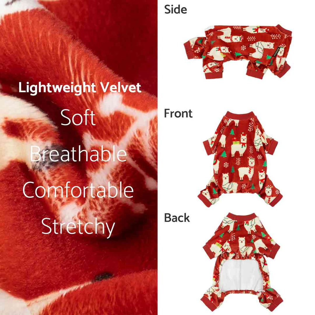 Red velvet fabric with text describing properties, and a red dog pajamas with Christmas pattern on a white background.