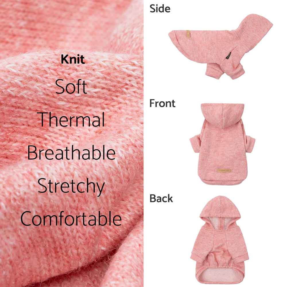 Heathered rose pink dog hoodie with side, front, and back views showing soft knit fabric and hooded design.