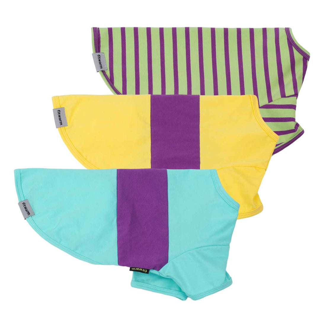 Three colorful dog tshirts with purple and yellow or green stripes on a white background