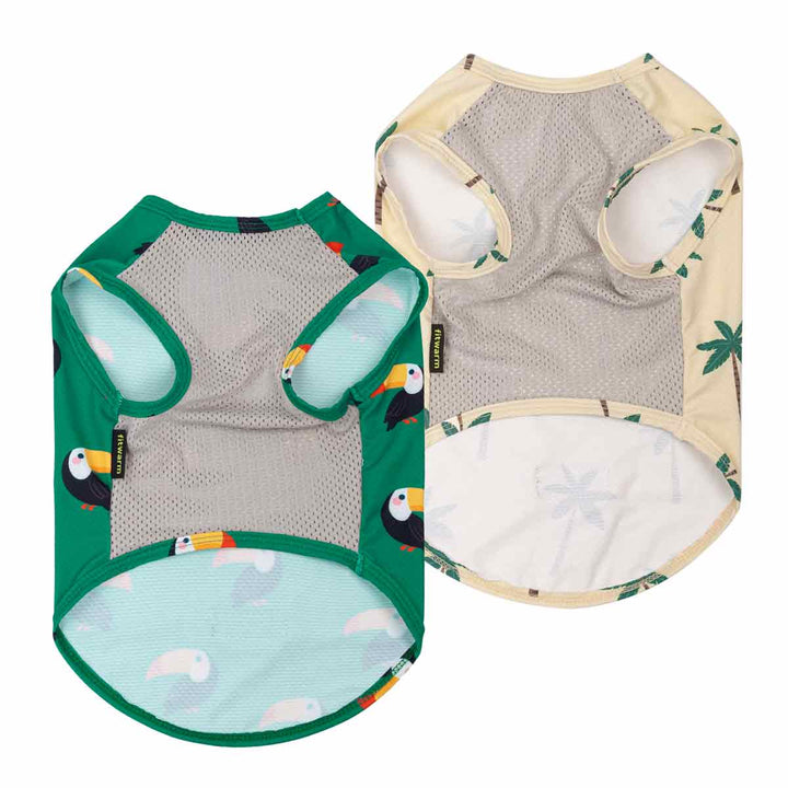 Breathable summer dog tank top in tropical toucan and palm tree patterns with mesh lining