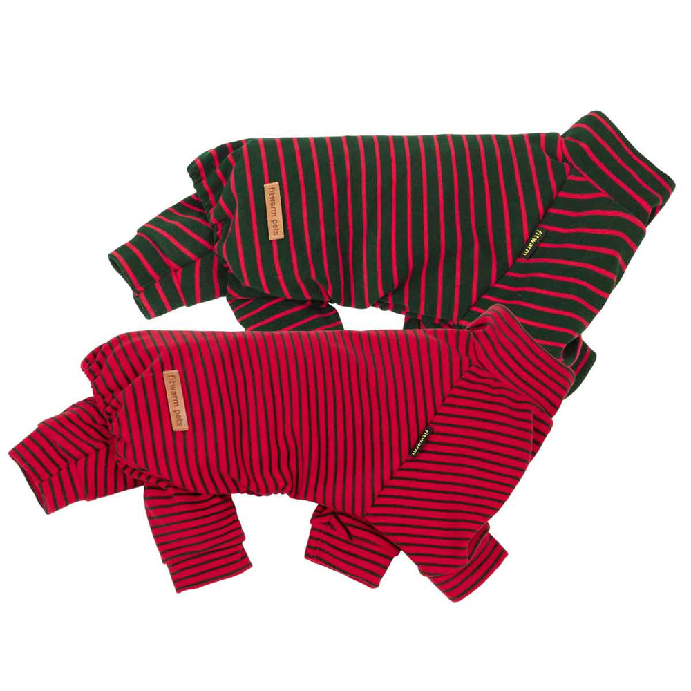 Two striped dog pjs laid flat on a white background. One sweater is red with thin black stripes, and the other is dark green with thin red stripes