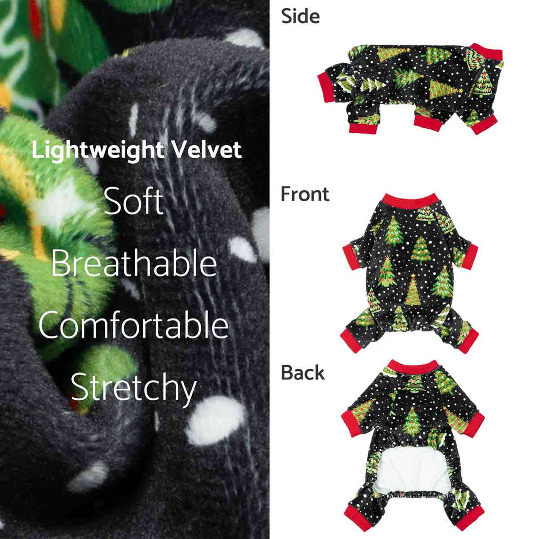 Dog pajamas with Christmas tree pattern on a white background, showing front, side, and back views.