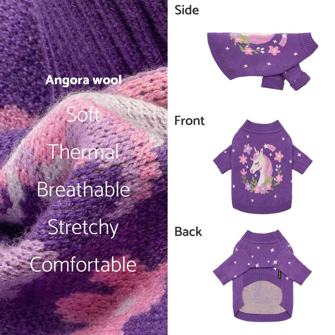 Three-view display of purple unicorn dog sweater made of angora wool, showing side, front, and back with soft and breathable texture.