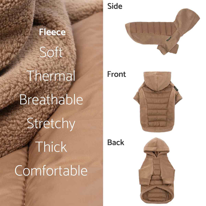 Brown fleece dog hoodie showing thermal design and multiple angles