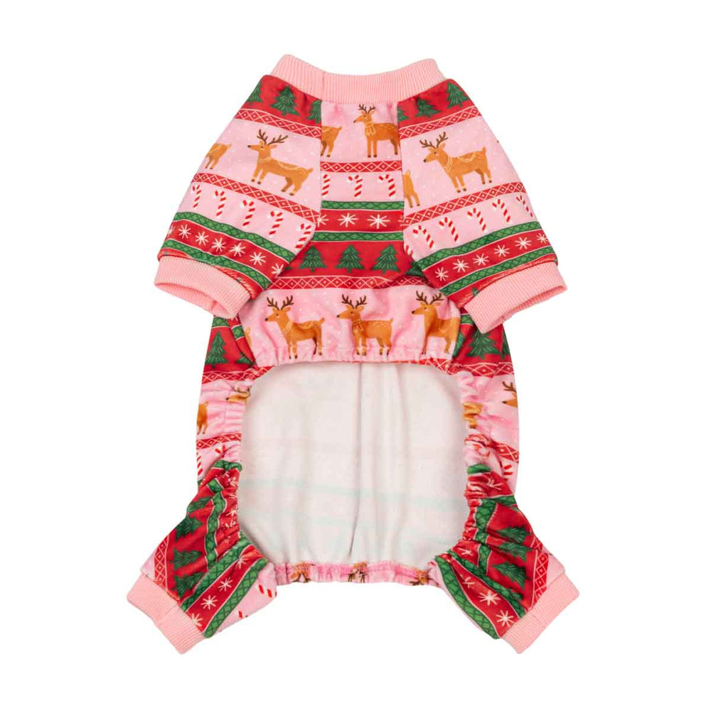 Holiday dog fleece pajamas with a festive Christmas holiday print featuring reindeer, candy canes, and green trees, shown on a plain white background