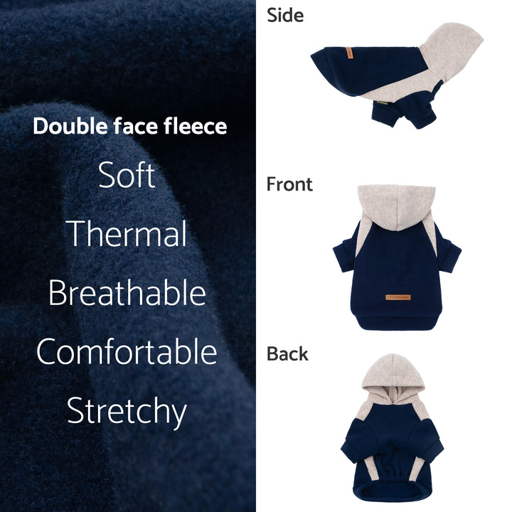 Dog hoodie in navy fleece presented with detail views and fabric close-up.