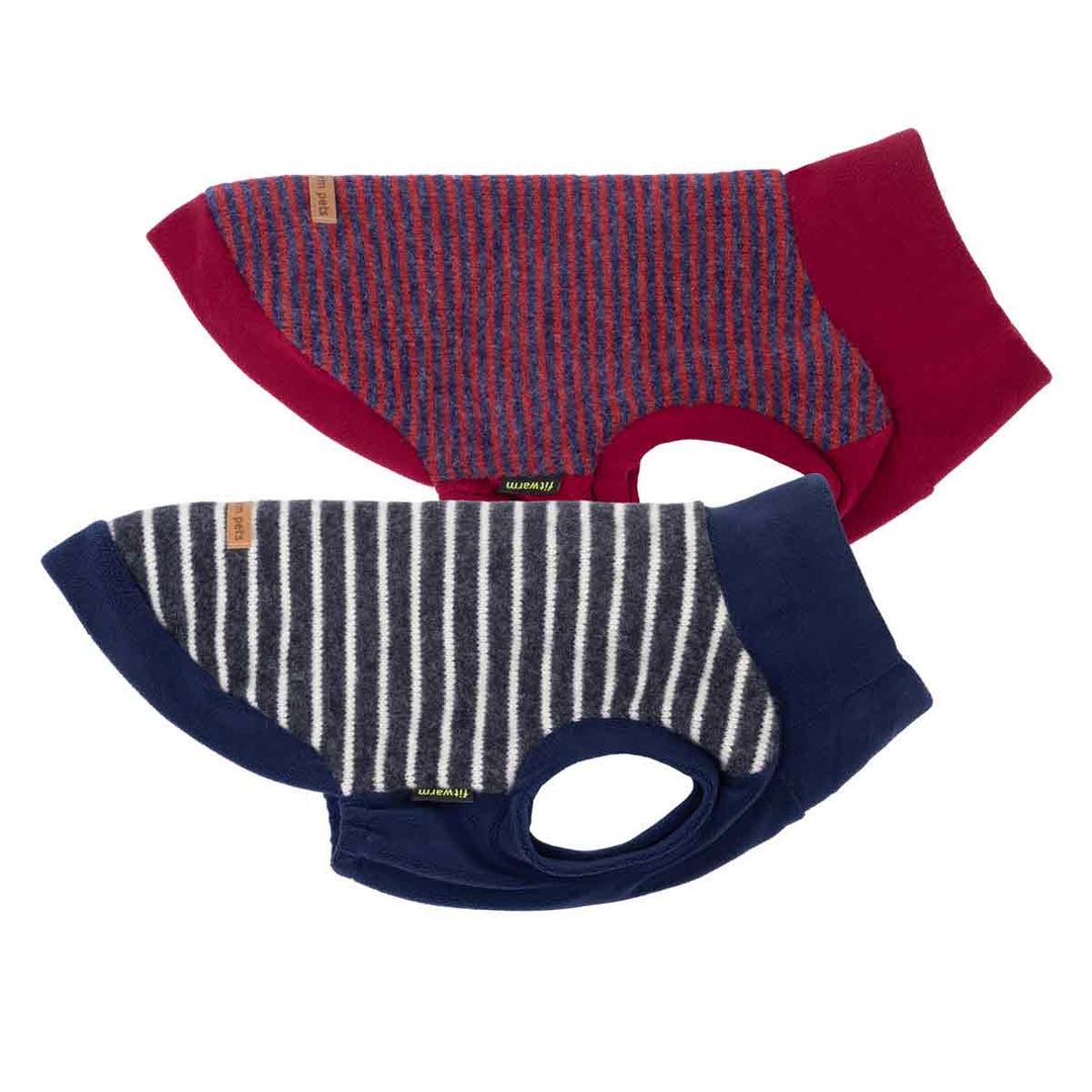 Two pack dog sweaters with classic striped patterns shown on a white background