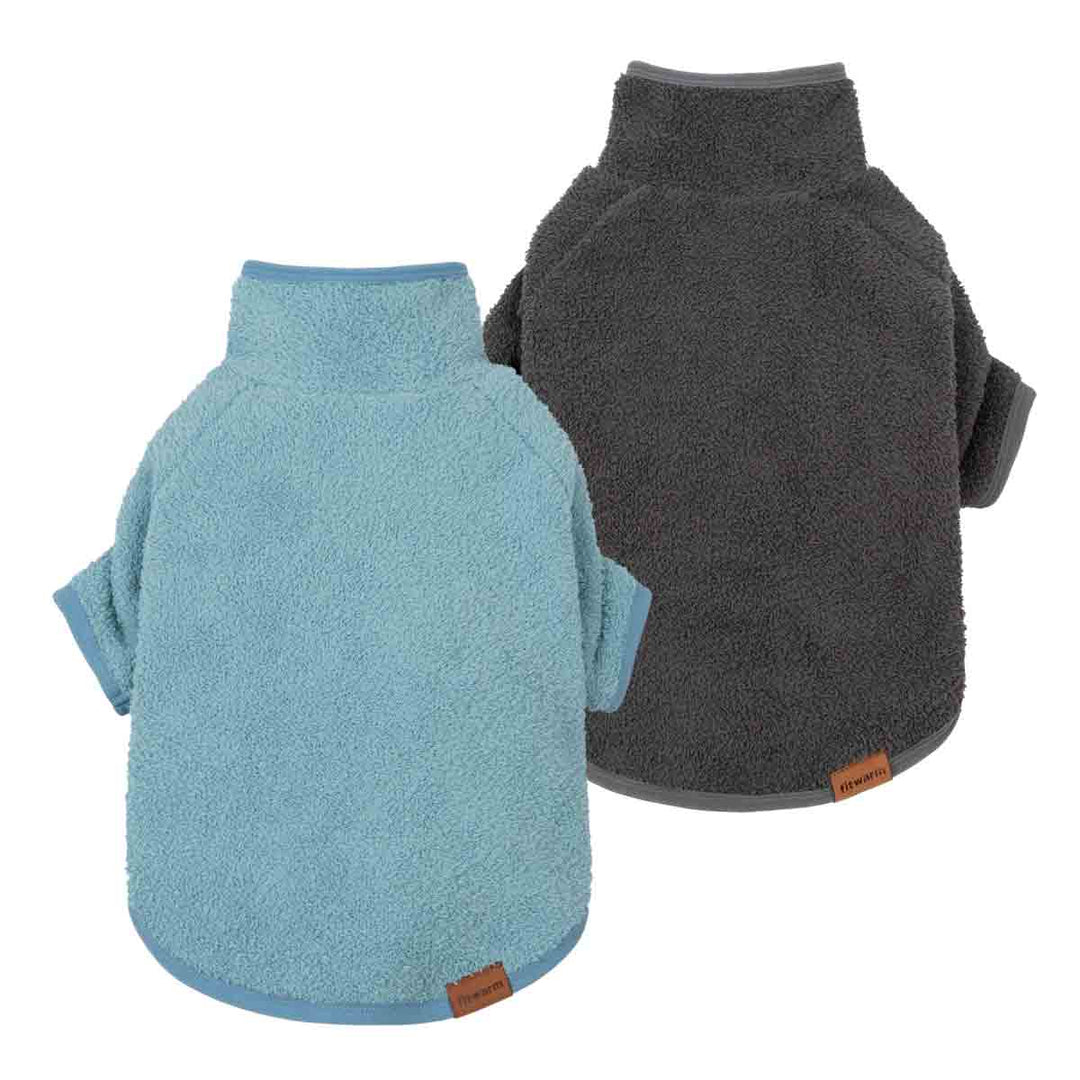 Two fleece dog sweaters shown on a white background, one in light blue and one in dark gray