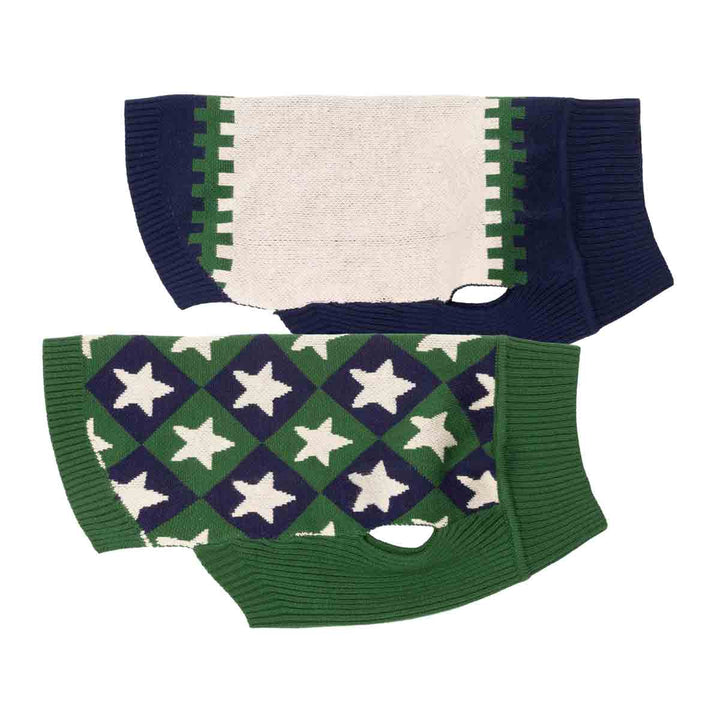 Two dog knitted sweaters shown flat on a white background. The top sweater is navy blue with a green and cream diamond patterned border